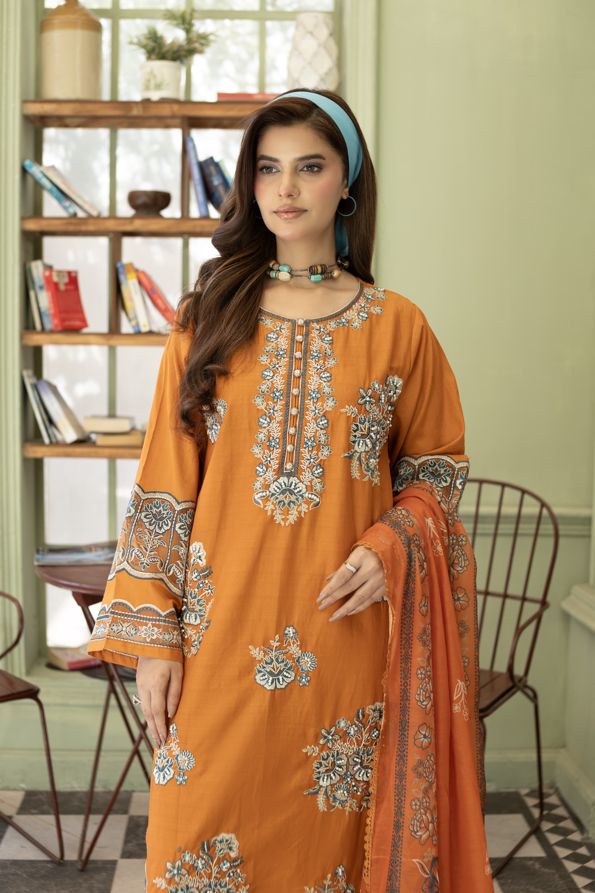 Rhea-Burnt orange Embroidered pret (3 pc)
