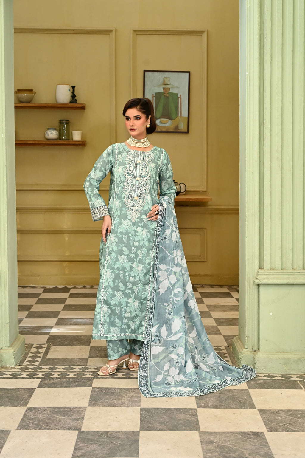 Aab-e-Bahaar -Aqua Sage (Embroidered) - 3Pc