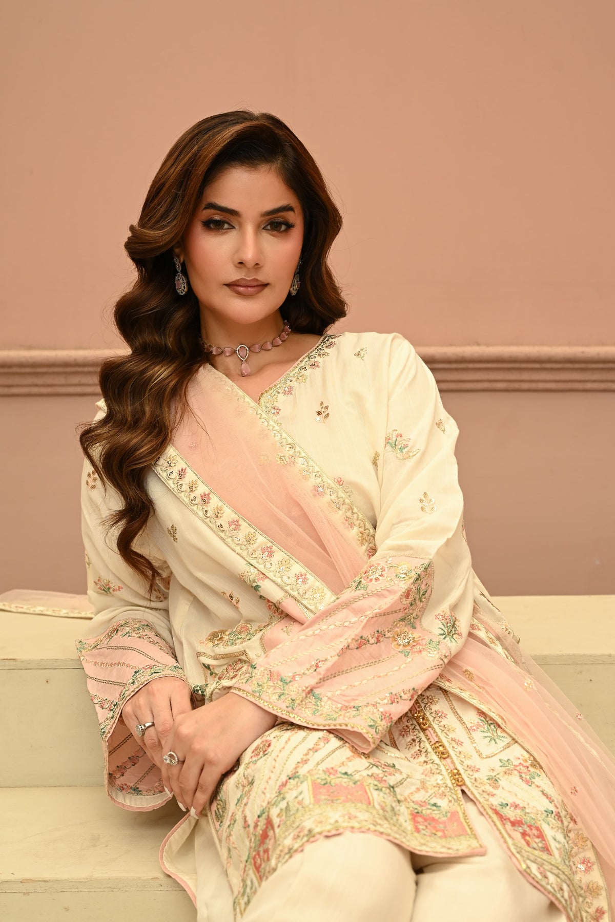 Seline -beige(Embroidered) - 3Pc