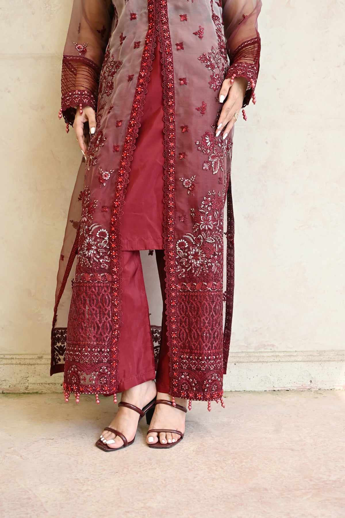 Belle -Burgundy rose(Embroidered) - 3Pc