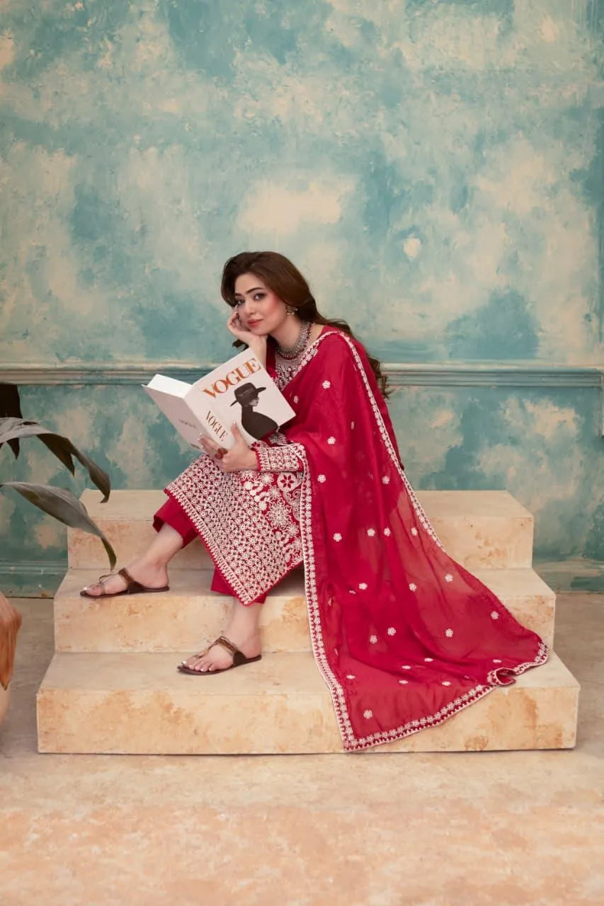 Mahnoor (Deep Red) - 3Pc